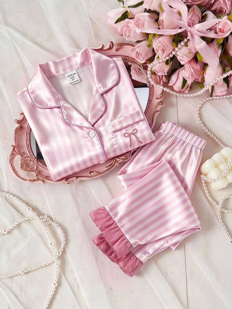 Girls' Solid Color Satin Ruffle Sleeve Long Sleeve Pants With Pockets And Embroidery 2 Pieces Set, Spring/Autumn - Multicolor - View 1