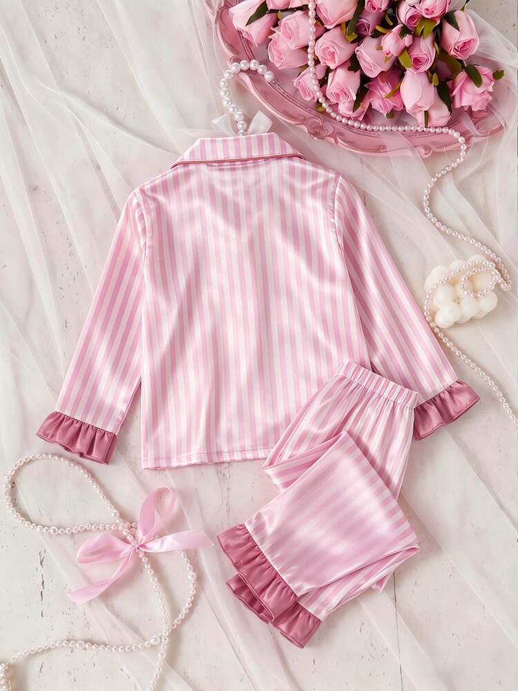 Girls' Solid Color Satin Ruffle Sleeve Long Sleeve Pants With Pockets And Embroidery 2 Pieces Set, Spring/Autumn - Multicolor - View 2