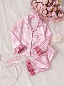 Girls' Solid Color Satin Ruffle Sleeve Long Sleeve Pants With Pockets And Embroidery 2 Pieces Set, Spring/Autumn - Multicolor - View 5