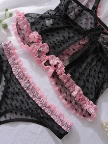 PetitDoll Conjunto de lencería de 2 piezas con sujetador con aros, plisado, con forma de corazón y malla, con contraste de color y lazo, estilo dulce y kawaii para mujeres - Negro - Ver 3