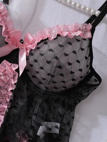 PetitDoll Conjunto de lencería de 2 piezas con sujetador con aros, plisado, con forma de corazón y malla, con contraste de color y lazo, estilo dulce y kawaii para mujeres - Negro - Ver 6