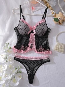 PetitDoll Conjunto de lencería de 2 piezas con sujetador con aros, plisado, con forma de corazón y malla, con contraste de color y lazo, estilo dulce y kawaii para mujeres - Negro - Ver 1