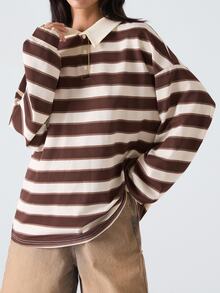 SHEIN EZwear Plus Size Contrast Color Striped Long Sleeve T-Shirt For Autumn/Winter - Multicolor - View 4
