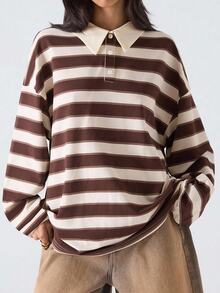 SHEIN EZwear Plus Size Contrast Color Striped Long Sleeve T-Shirt For Autumn/Winter - Multicolor - View 1