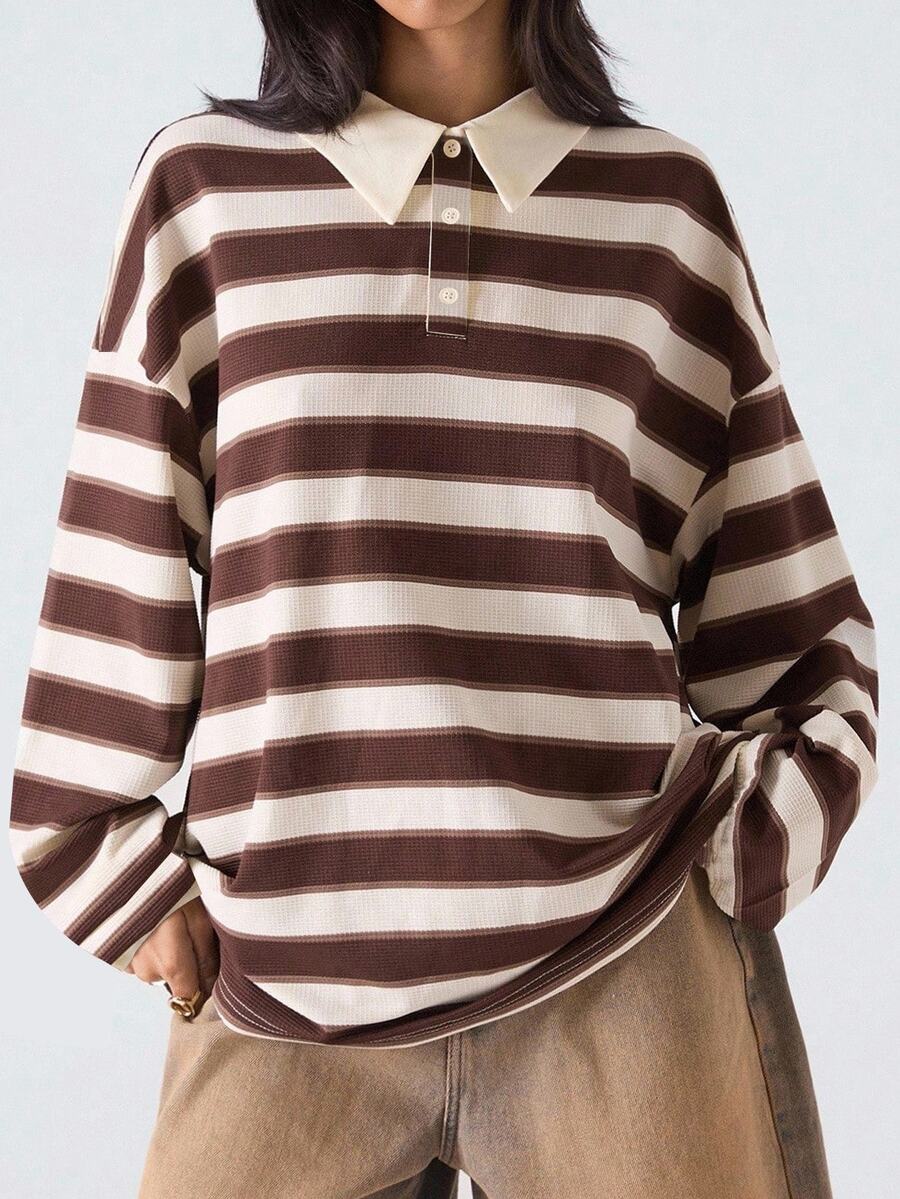 SHEIN EZwear Plus Size Contrast Color Striped Long Sleeve T-Shirt For Autumn/Winter - Multicolor - View 1