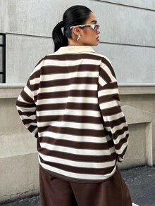 SHEIN EZwear Plus Size Contrast Color Striped Long Sleeve T-Shirt For Autumn/Winter - Multicolor - View 3