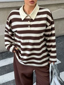 SHEIN EZwear Plus Size Contrast Color Striped Long Sleeve T-Shirt For Autumn/Winter - Multicolor - View 2