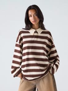 SHEIN EZwear Plus Size Contrast Color Striped Long Sleeve T-Shirt For Autumn/Winter - Multicolor - View 9