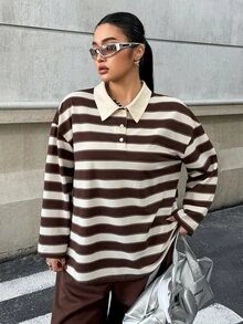 SHEIN EZwear Plus Size Contrast Color Striped Long Sleeve T-Shirt For Autumn/Winter - Multicolor - View 6