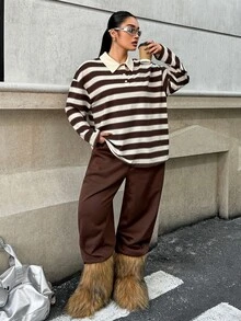 SHEIN EZwear Plus Size Contrast Color Striped Long Sleeve T-Shirt For Autumn/Winter - Multicolor - View 5