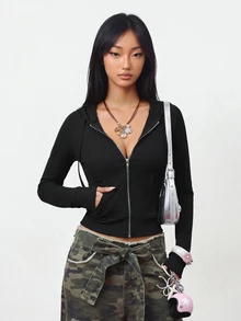 INAWLY Women's Solid Color Long Sleeve Zipper Front Pocket Hooded Jacket, Autumn Fall Winter Cloth For Women - Black - View 5