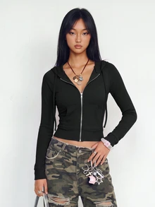 INAWLY Women's Solid Color Long Sleeve Zipper Front Pocket Hooded Jacket, Autumn Fall Winter Cloth For Women - Black - View 7