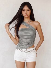 Rina Fox Women's Solid Color Metallic Pleated Shoulder Top - Silver - View 5