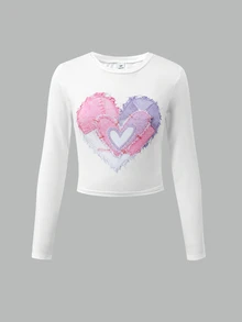 SHEIN Teen Girl Heart Pattern Print Round Neck T-Shirt And Contrast Color Button Pocket Long Pants Set - Purple - View 4