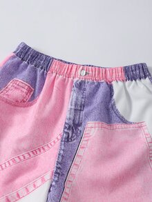 SHEIN Teen Girl Heart Pattern Print Round Neck T-Shirt And Contrast Color Button Pocket Long Pants Set - Purple - View 7