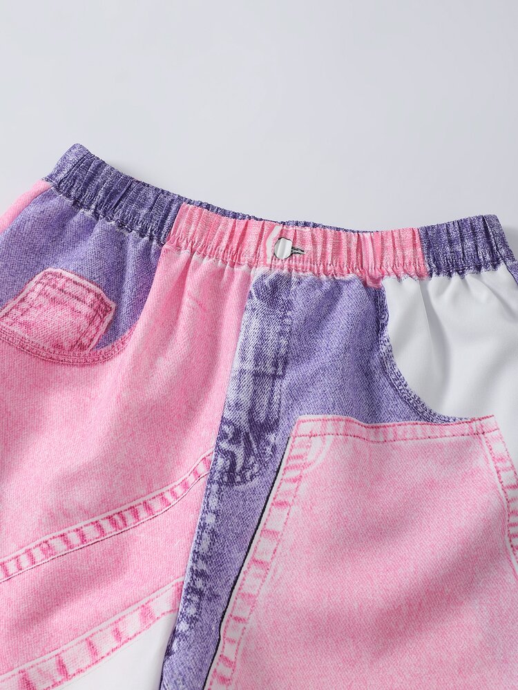 SHEIN Teen Girl Heart Pattern Print Round Neck T-Shirt And Contrast Color Button Pocket Long Pants Set - Purple - View 7