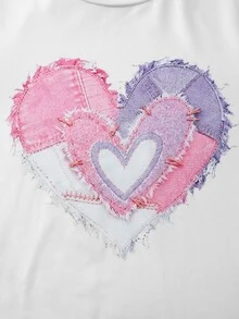 SHEIN Teen Girl Heart Pattern Print Round Neck T-Shirt And Contrast Color Button Pocket Long Pants Set - Purple - View 3