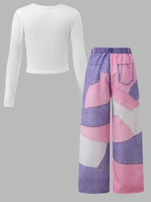 SHEIN Teen Girl Heart Pattern Print Round Neck T-Shirt And Contrast Color Button Pocket Long Pants Set - Purple - View 2