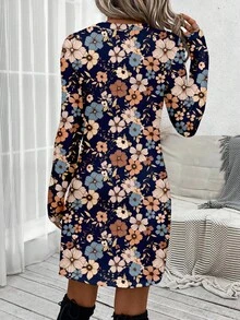 SHEIN LUNE 女士休闲复古花卉印花扭结圆领长袖短款连衣裙，适合秋季外出 - 彩色 - 查看 2