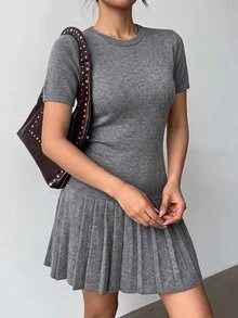 Flora Isola Flora Isola 灰色羅紋針織百褶迷你洋裝，圓領短袖修身喇叭 A 字毛衣洋裝 - 灰色 - 查看 8