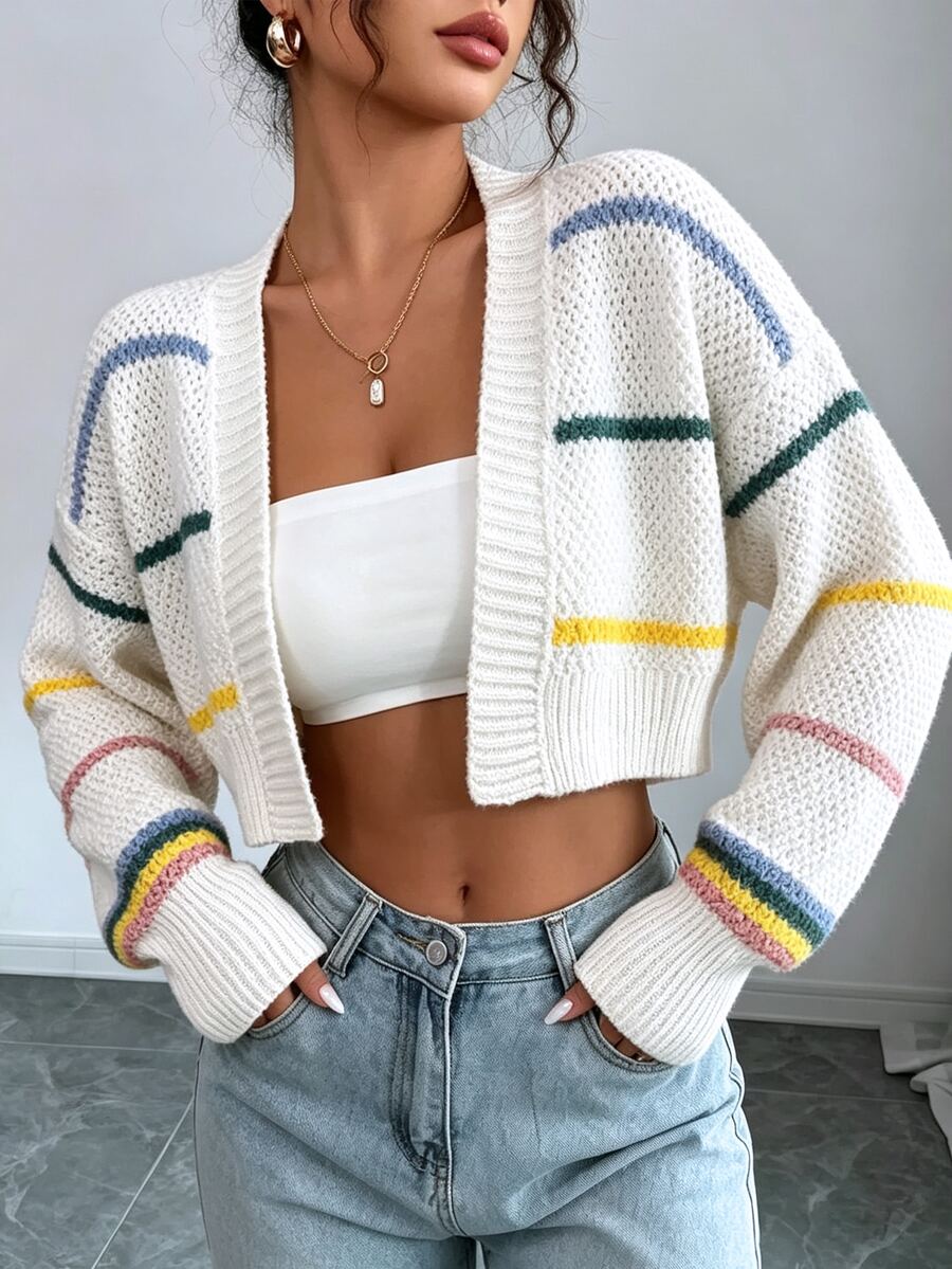 SHEIN Clasi Women's Striped Drop Shoulder Long Sleeve Cropped Knit Cardigan - White - View 1