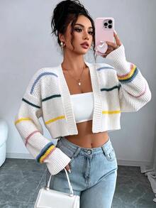 SHEIN Clasi Women's Striped Drop Shoulder Long Sleeve Cropped Knit Cardigan - White - View 6