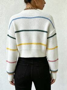 SHEIN Clasi Women's Striped Drop Shoulder Long Sleeve Cropped Knit Cardigan - White - View 2