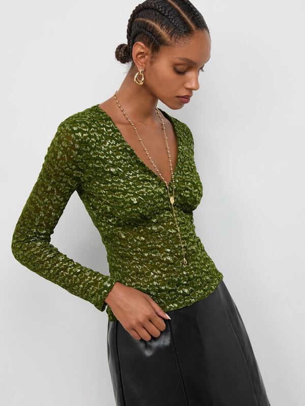 Maija Green V-Neck Long Sleeve Women's Top, Lace Slim Fit Waist, Elegant Sexy Urban Autumn/Winter Elegant Casual Sexy Halloween Festival