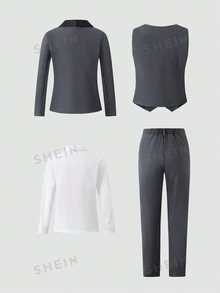 SHEIN 4 件套 Tween Boy 高级优雅时尚宴会婚礼舞台表演主持人服装套装。西装外套 + 修身背心 + 纯白长袖衬衫 + 休闲裤 4 件套，适合晚宴、派对、主持、舞台表演、聚会、T 台、洗礼、商务、生日派对、婚礼、毕业典礼和各种场合，适合所有季节 - 深灰色 - 查看 3