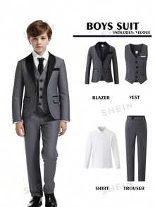 SHEIN 4 件套 Tween Boy 高级优雅时尚宴会婚礼舞台表演主持人服装套装。西装外套 + 修身背心 + 纯白长袖衬衫 + 休闲裤 4 件套，适合晚宴、派对、主持、舞台表演、聚会、T 台、洗礼、商务、生日派对、婚礼、毕业典礼和各种场合，适合所有季节 - 深灰色 - 查看 2