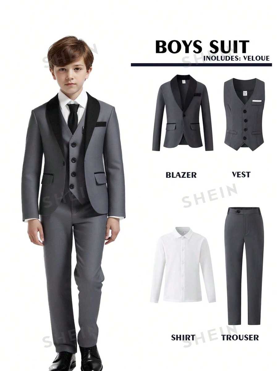 SHEIN 4 件套 Tween Boy 高级优雅时尚宴会婚礼舞台表演主持人服装套装。西装外套 + 修身背心 + 纯白长袖衬衫 + 休闲裤 4 件套，适合晚宴、派对、主持、舞台表演、聚会、T 台、洗礼、商务、生日派对、婚礼、毕业典礼和各种场合，适合所有季节