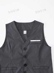 SHEIN 4 件套 Tween Boy 高级优雅时尚宴会婚礼舞台表演主持人服装套装。西装外套 + 修身背心 + 纯白长袖衬衫 + 休闲裤 4 件套，适合晚宴、派对、主持、舞台表演、聚会、T 台、洗礼、商务、生日派对、婚礼、毕业典礼和各种场合，适合所有季节 - 深灰色 - 查看 5