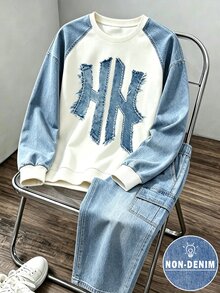 2件組青少年男孩時尚簡約舒適圓領衛衣與寬腿工裝褲套裝，酷炫幾何拼接滿版印花設計，英文字母印花設計，適合假期派對聚會休閒舒適，男孩春夏秋冬首選，春夏秋冬街頭風，開學派對休閒穿搭 - 彩色 - 查看 6