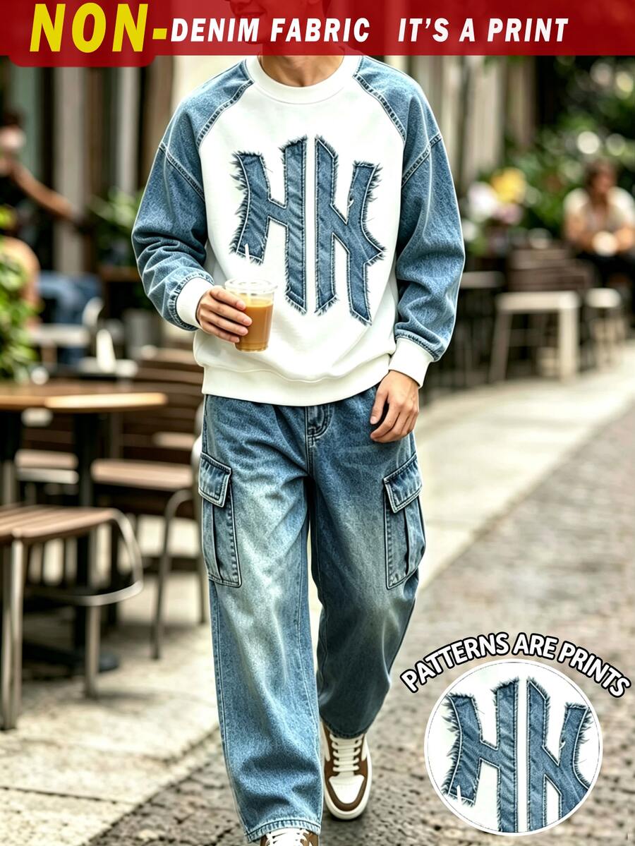 2件組青少年男孩時尚簡約舒適圓領衛衣與寬腿工裝褲套裝，酷炫幾何拼接滿版印花設計，英文字母印花設計，適合假期派對聚會休閒舒適，男孩春夏秋冬首選，春夏秋冬街頭風，開學派對休閒穿搭