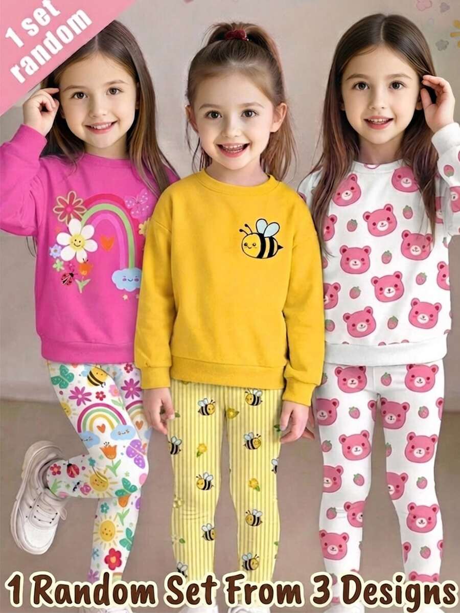 1 Random Set,Young Girls Casual Retro College Style Bee Print Crew Neck Long Sleeve Sweatshirt Flare Pants 2 Pieces Set Autumn/Winter School Season - Multicolor - View 1