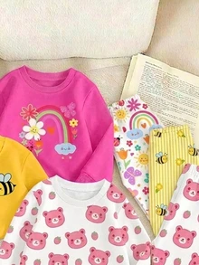 1 Random Set,Young Girls Casual Retro College Style Bee Print Crew Neck Long Sleeve Sweatshirt Flare Pants 2 Pieces Set Autumn/Winter School Season - Multicolor - View 5