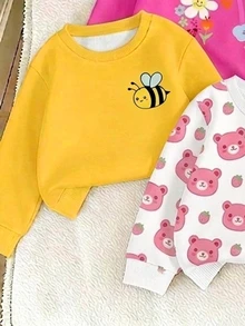 1 Random Set,Young Girls Casual Retro College Style Bee Print Crew Neck Long Sleeve Sweatshirt Flare Pants 2 Pieces Set Autumn/Winter School Season - Multicolor - View 4