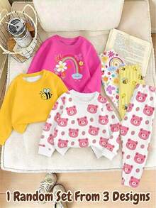1 Random Set,Young Girls Casual Retro College Style Bee Print Crew Neck Long Sleeve Sweatshirt Flare Pants 2 Pieces Set Autumn/Winter School Season - Multicolor - View 3