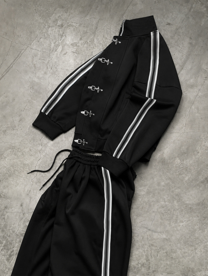 PAVTROS 男士美式街頭風 Techwear 金屬扣側條紋運動套裝，半拉鍊立領套頭衛衣與鬆緊腰運動長褲套裝，針織運動套裝，美式街頭風，Techwear，Cleanfit 極簡風，復古運動，日常通勤，街頭穿搭，返校季，中性情侶穿搭，節日禮物