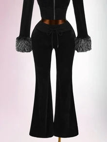 Amplova Women's Drawstring Waist Colorblock Casual Versatile Daily Flare Pants - Black - View 8