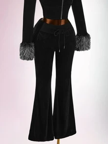 Amplova Women's Drawstring Waist Colorblock Casual Versatile Daily Flare Pants - Black - View 9