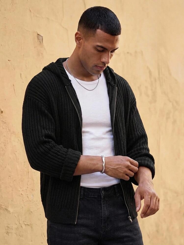 HIMLAND Fashionable Versatile Solid Color Men's Hooded Cardigan - Black - View 7