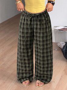 SHEIN Sparklyn 青少年女孩時尚格紋抽繩腰口袋寬鬆寬腿長褲 - 彩色 - 查看 11