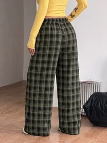 SHEIN Sparklyn 青少年女孩時尚格紋抽繩腰口袋寬鬆寬腿長褲 - 彩色 - 查看 2