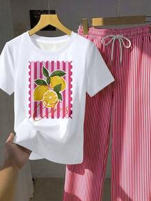 Comfortcana 2件組刺繡圓領短袖上衣與條紋印花長褲，休閒風 - 彩色 - 查看 3