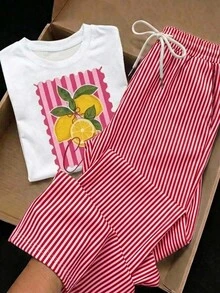 Comfortcana 2件組刺繡圓領短袖上衣與條紋印花長褲，休閒風 - 彩色 - 查看 1