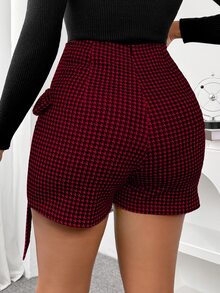 SHEIN Clasi 女士秋冬千鸟格印花系带多层短裙短裤 - 酒紅色 - 查看 2