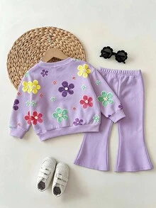 Baby Girl Floral Print Crew Neck Sweatshirt & Flared Pants Set - Multicolor - View 2