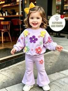 Baby Girl Floral Print Crew Neck Sweatshirt & Flared Pants Set - Multicolor - View 1