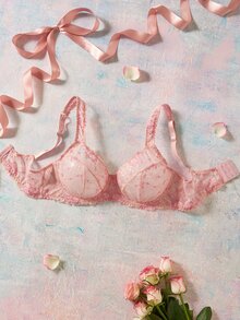 Elorette Pink Underwire Comfy Balconette Push-Up Lace Patchwork Floral Pattern Romantic Pastoral Plus Size Bra - Pink - View 3